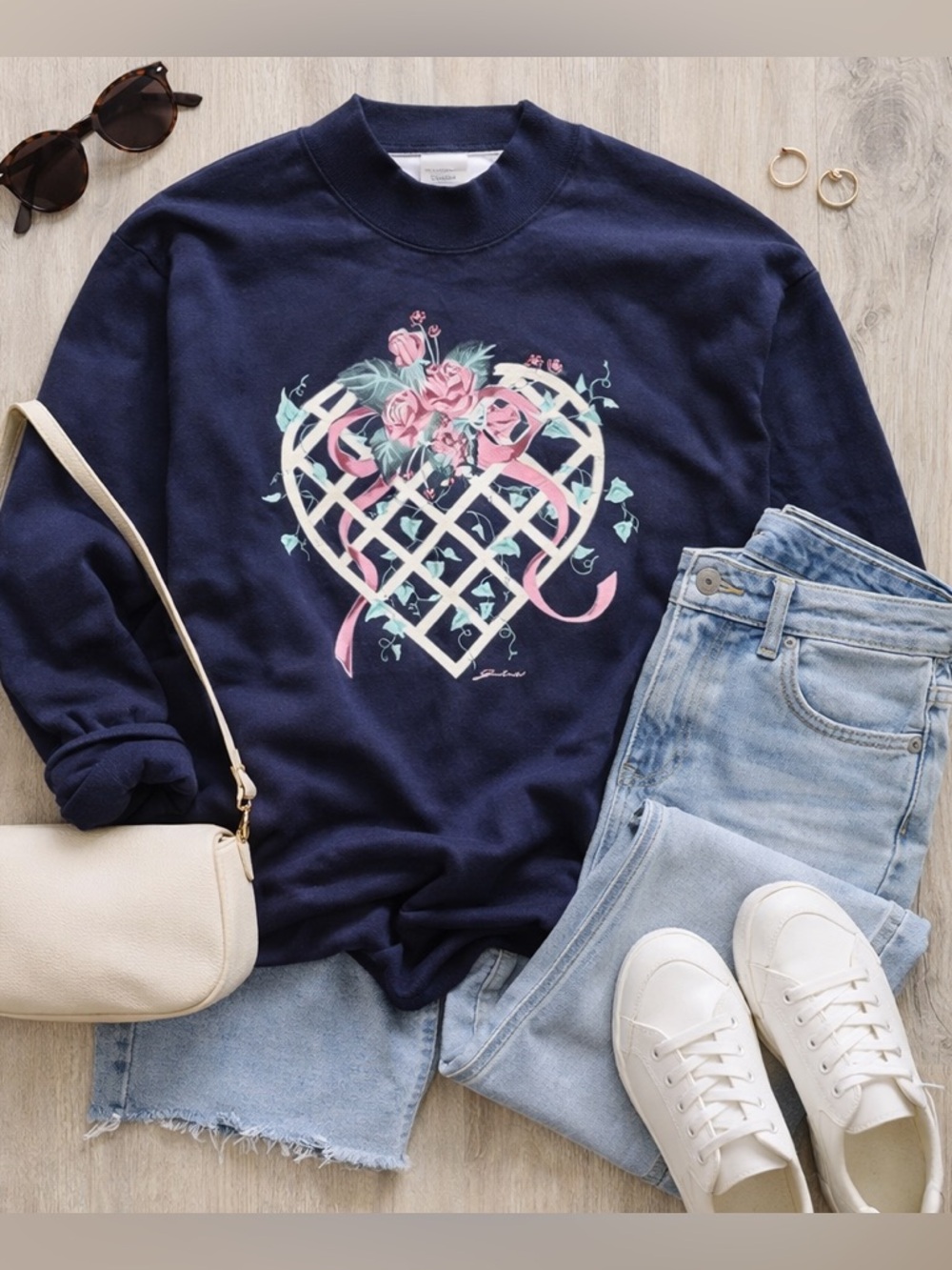 Vintage Navy Blue Mock Neck Long Sleeve T-Shirt With Heart Design